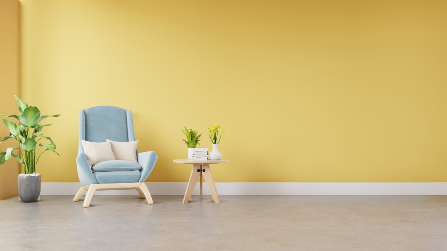 Cozy Living Room Interior With Armchair, Books, And Plants